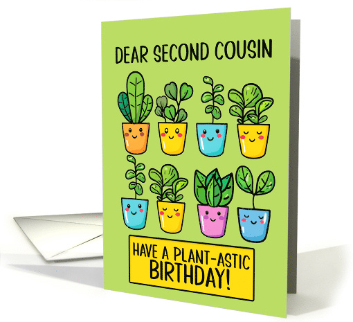 Second Cousin Happy Birthday Kawaii Cartoon Plants in Pots card