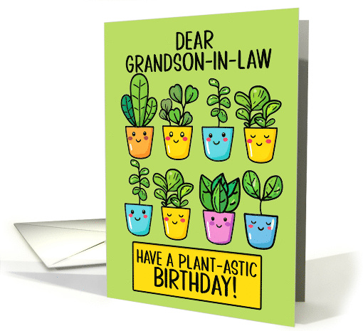 Grandson in Law Happy Birthday Kawaii Cartoon Plants in Pots card