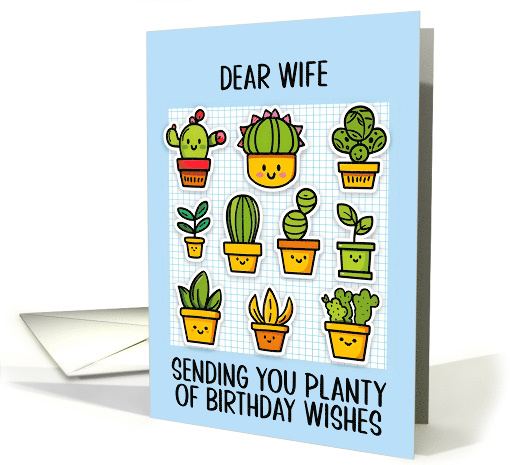 Wife Happy Birthday Kawaii Cartoon Cactus Plants in Pots card