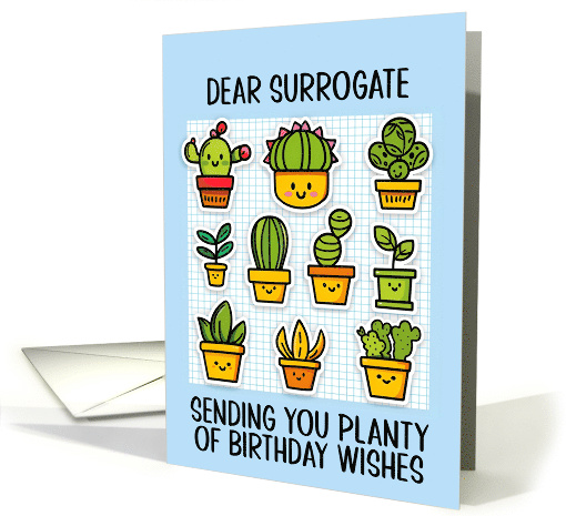 Surrogate Happy Birthday Kawaii Cartoon Cactus Plants in Pots card