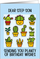 Step Son Happy Birthday Kawaii Cartoon Cactus Plants in Pots card