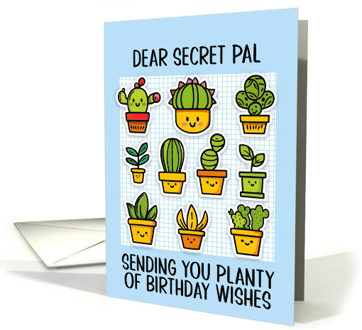 Secret Pal Happy Birthday Kawaii Cartoon Cactus Plants in Pots card