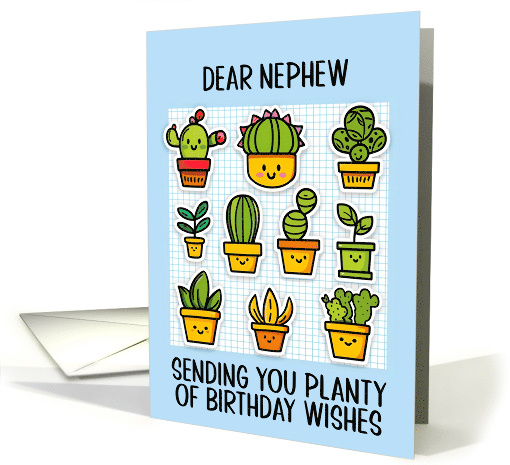 Nephew Happy Birthday Kawaii Cartoon Cactus Plants in Pots card