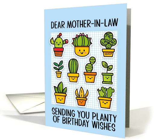 Mother in Law Happy Birthday Kawaii Cartoon Cactus Plants in Pots card