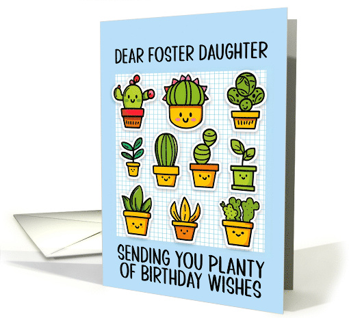 Foster Daughter Happy Birthday Kawaii Cartoon Cactus Plants card