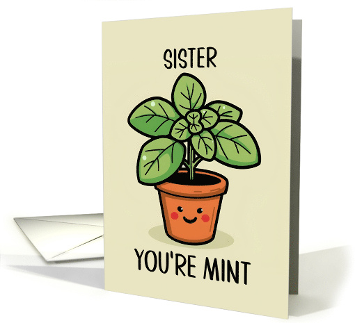 Sister Kawaii Cartoon Mint Plant in Pot card (1840600)