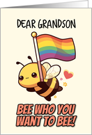 Grandson Happy Pride Kawaii Bee with Rainbow Flag card
