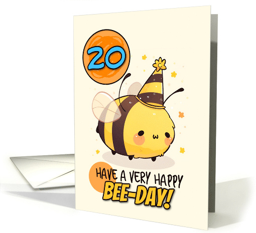 20 Years Old Happy Birthday Kawaii Bee with Birthday Hat card