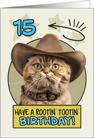 15 Years Old Happy Birthday Cat with Cowboy Hat card