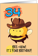 34 Years Old Happy Birthday Kawaii Bee with Cowboy Hat card