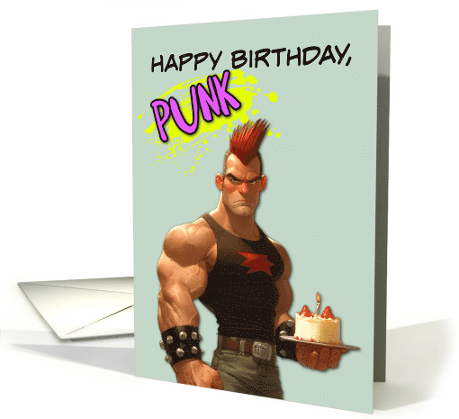 Happy Birthday Punk Rock Mohawk Dude with Birthday Cake card (1845398)