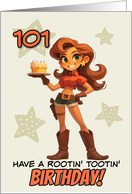 101 Years Old Happy Birthday Cowgirl with Birthday Cake card