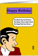 Retro pop art birthday card for the drinker card