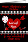 Birthday on Valentine’s Day to Birth Son with Red Hearts on Black card