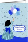 Birthday, custom name, girl holding a bunch of balloons with stars card