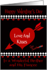 Valentine’s Day To Brother and Fiancee, Red hearts on black, diamonds card