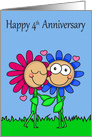 4th Wedding Anniversary with a Happy Flower Couple Smiling and Hearts card