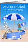 Invitations to Birthday Pool Party, general, Raccoons at pool side card