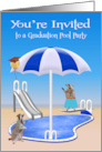 Invitations to Graduation Pool Party with Raccoons by the Pool Side card