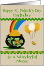 Birthday on St. Patrick’s Day to Nurse, a pot of gold with balloons card