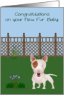 Congratulations On New Pet, Bull Terrier, a dog in a yard with flowers card