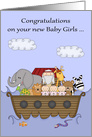 Congratulations on New Baby Girl Triplets with a Noah’s Ark Theme card