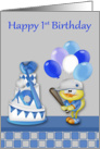 1st Birthday, baseball theme, a baby chick holding a bat, balloons card