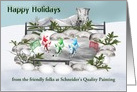 Happy Holidays, custom business, penguins playing ice hockey, snow card