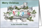 Christmas Custom Name with Penguins Playing Ice Hockey in the Snow card