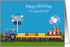 Birthday, girls of color in train on a track with balloons card