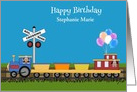 Birthday Custom Name with Girls of Color in a Train on a Track card
