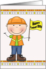 Labor Day with a Worker Smiling while Holding a Waving Yellow Flag card