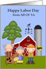 Labor Day from All Of Us, farmers and a laborer on a farm, cute cow card