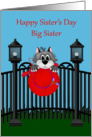 Sister’s Day to Big Sister, Cat on a fence with a red hat, light posts card