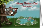 Brother’s Day, custom name, Raccoon fishing from tree, pond card