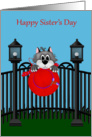 Sister’s Day, general, Cat on a fence with a red hat, light posts card