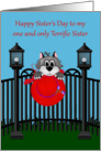 Sister’s Day to Only Sister, Cat on a fence with red hat, light posts card