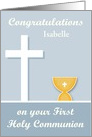 Congratulations On First Communion, custom name, chalice, white cross card