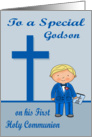Congratulations On First Communion to godson, boy with blonde hair card