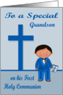 Congratulations On First Communion to grandson, dark-skinned boy card