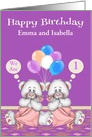 Birthday to Twin Girls Custom Name and Age with Bears and Balloons card