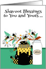 Shavuot, general, bees making honey in a hive and a bottle of milk card