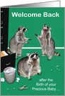 Welcome Back to Work from maternity leave, Raccoons by a file cabinet card