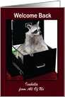Welcome Back to Work custom name, raccoon in a file cabinet card