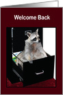 Welcome Back to Work with a Raccoon Sitting in a Black File Cabinet card