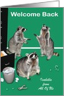 Welcome Back to Work, custom name, raccoons next to a file cabinet card