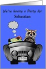 Invitations to Off to College Party, custom name, raccoon driving car card