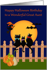Birthday on Halloween to Great Aunt Card with Black Cats on a Fence card