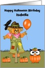 Birthday On Halloween Custom Name with an Owl in a Pumpkin Patch card