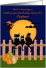 Invitations to Halloween Birthday Party, custom name, three black cats card
